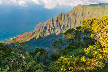 view over trees and out across jagged mountains toward the ocean