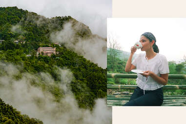 collage of hillside settlement in darjeeling, woman drinking tea